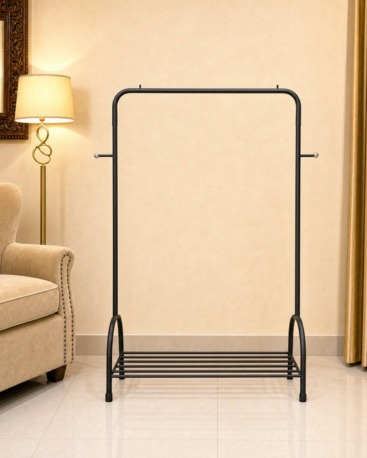 Clothing Stand with 1 Shoe Rack & 2 Bag Holders - front view, empty, in a living room