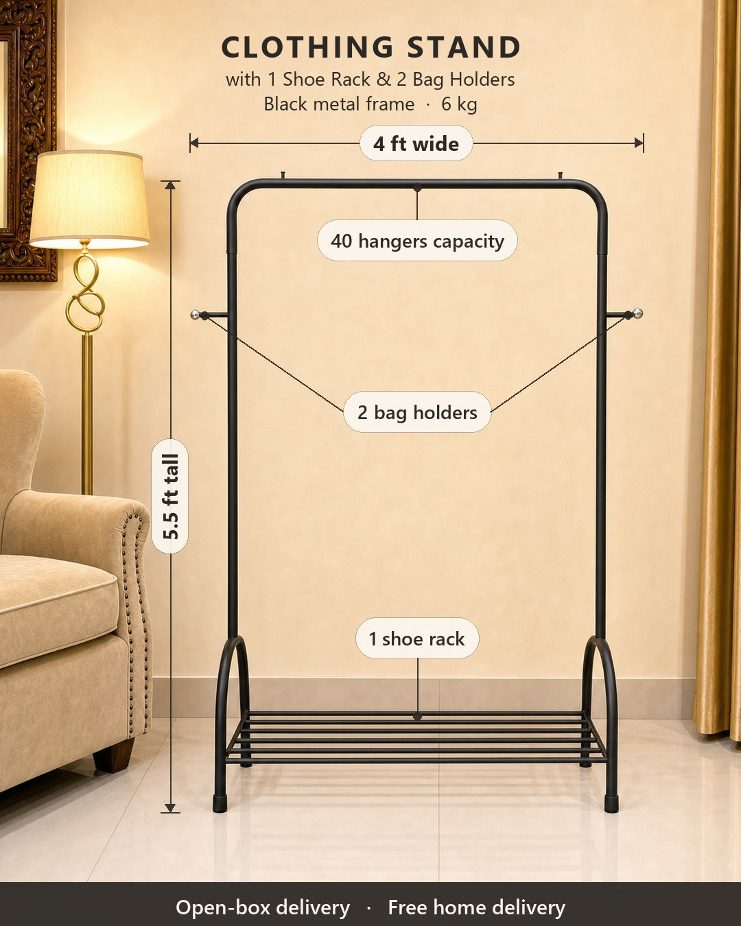 Clothing Stand with 1 Shoe Rack & 2 Bag Holders - features and dimensions, in a living room