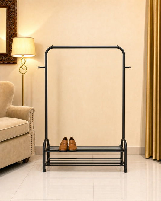 Clothing Stand with 2 Shoe Racks & 2 Bag Holders - front view, empty, in a living room