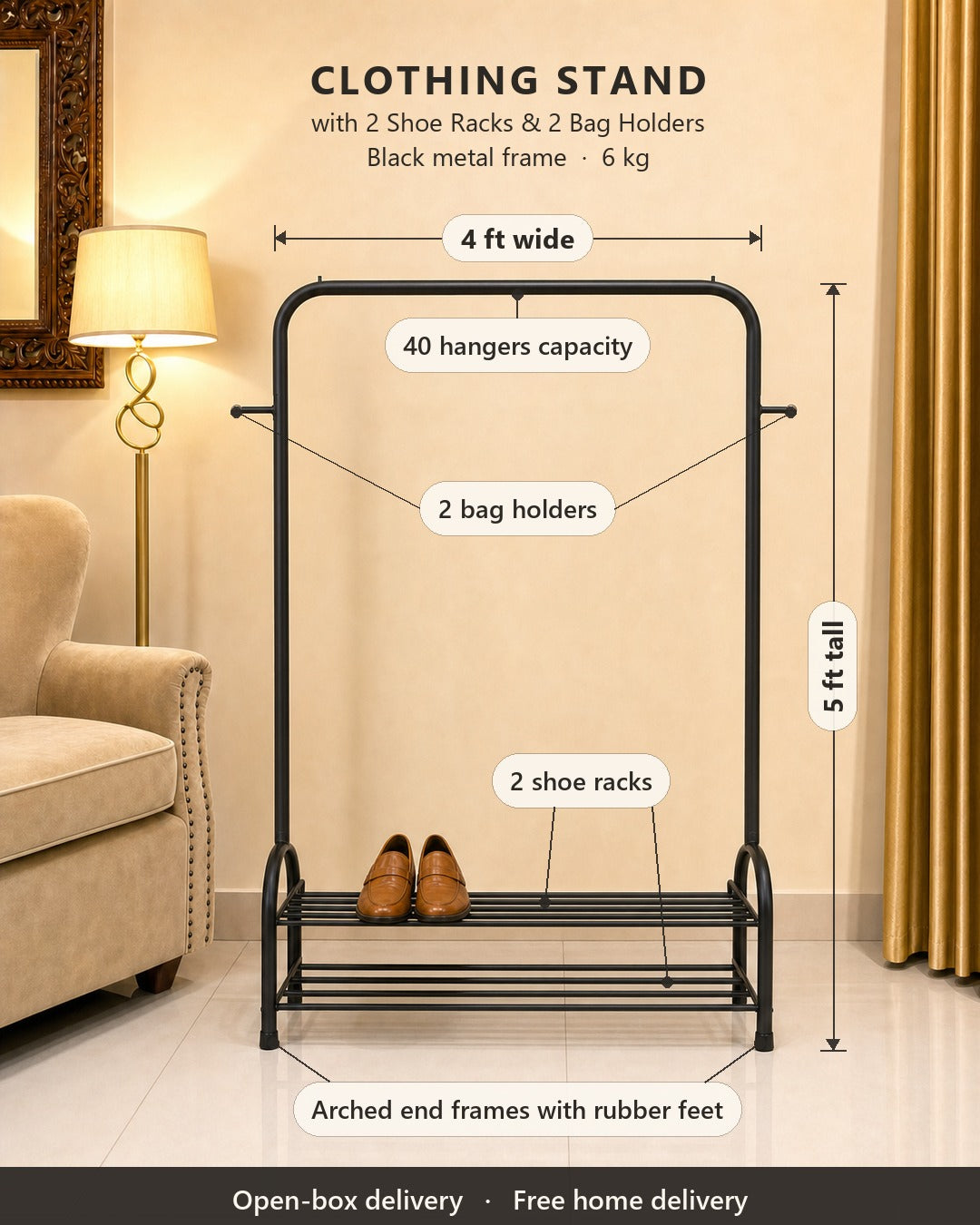 Clothing Stand with 2 Shoe Racks & 2 Bag Holders - features and dimensions, in a living room