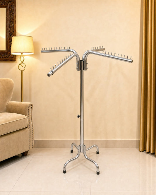 Single Clothing Stand - front view, empty, arms spread, in a living room