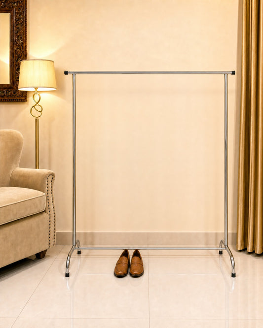 Straight Clothing Stand - front view, empty, in a living room