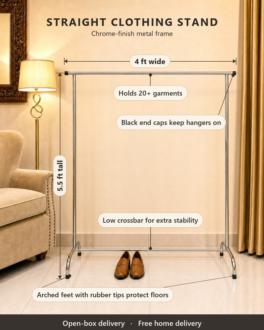 Straight Clothing Stand - features and dimensions, in a living room