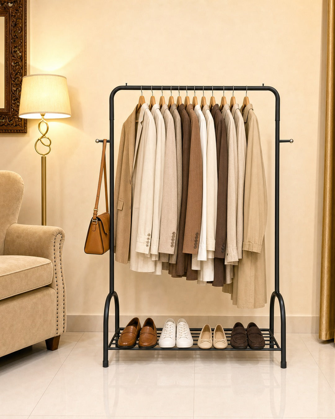 Clothing Stand with 1 Shoe Rack & 2 Bag Holders - front view with clothes, shoes and a bag, in a living room