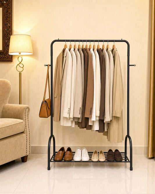 Clothing Stand with 1 Shoe Rack & 2 Bag Holders - front view with clothes, shoes and a bag, in a living room