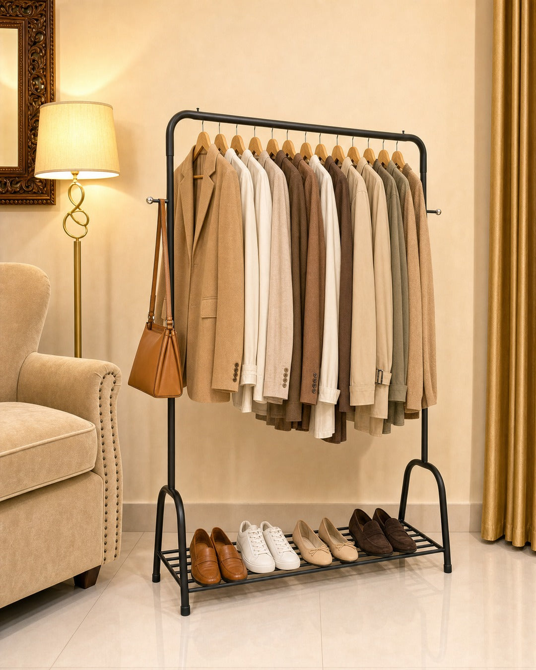 Clothing Stand with 1 Shoe Rack & 2 Bag Holders - three-quarter view from the left with clothes, in a living room