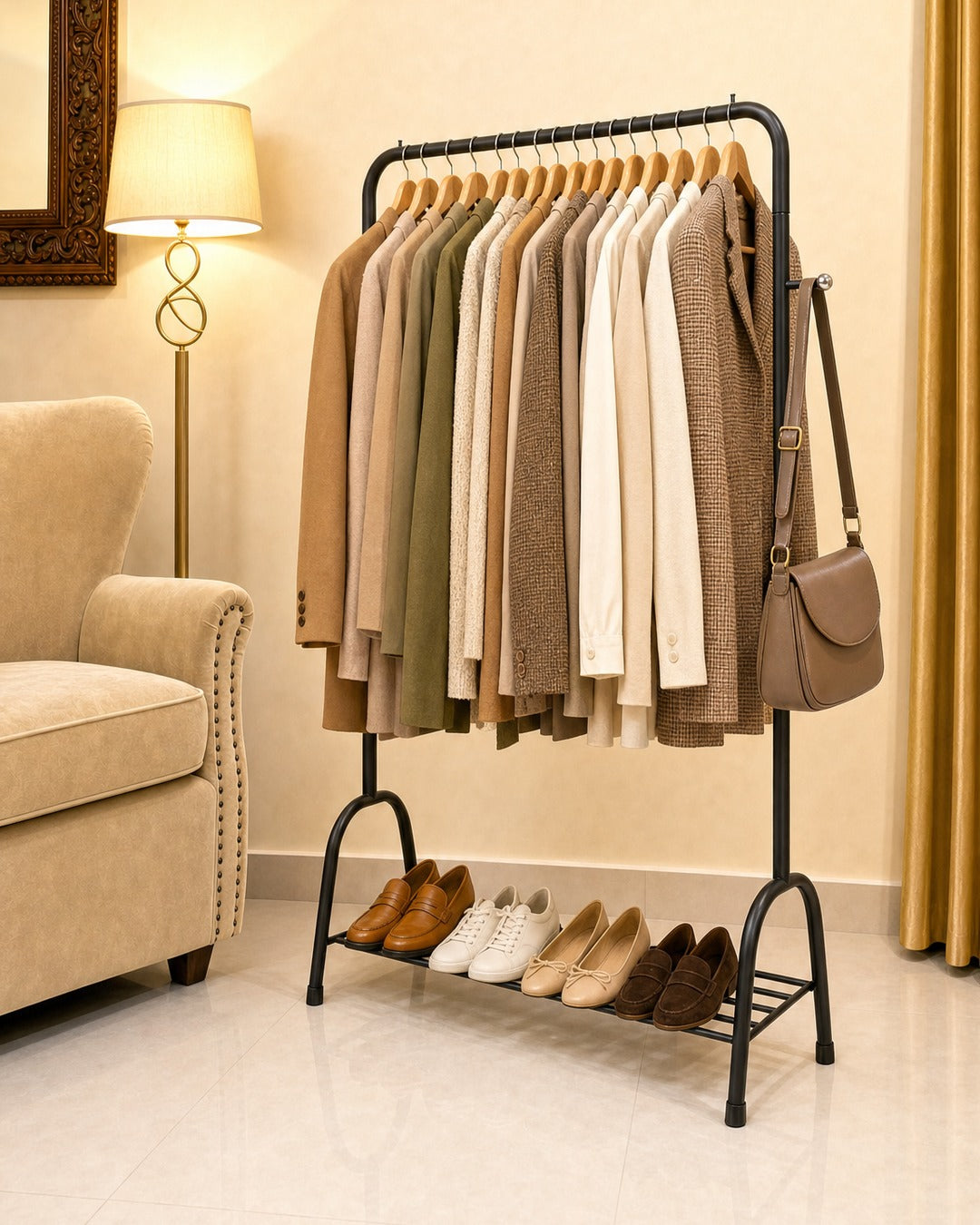 Clothing Stand with 1 Shoe Rack & 2 Bag Holders - three-quarter view from the right with clothes, in a living room