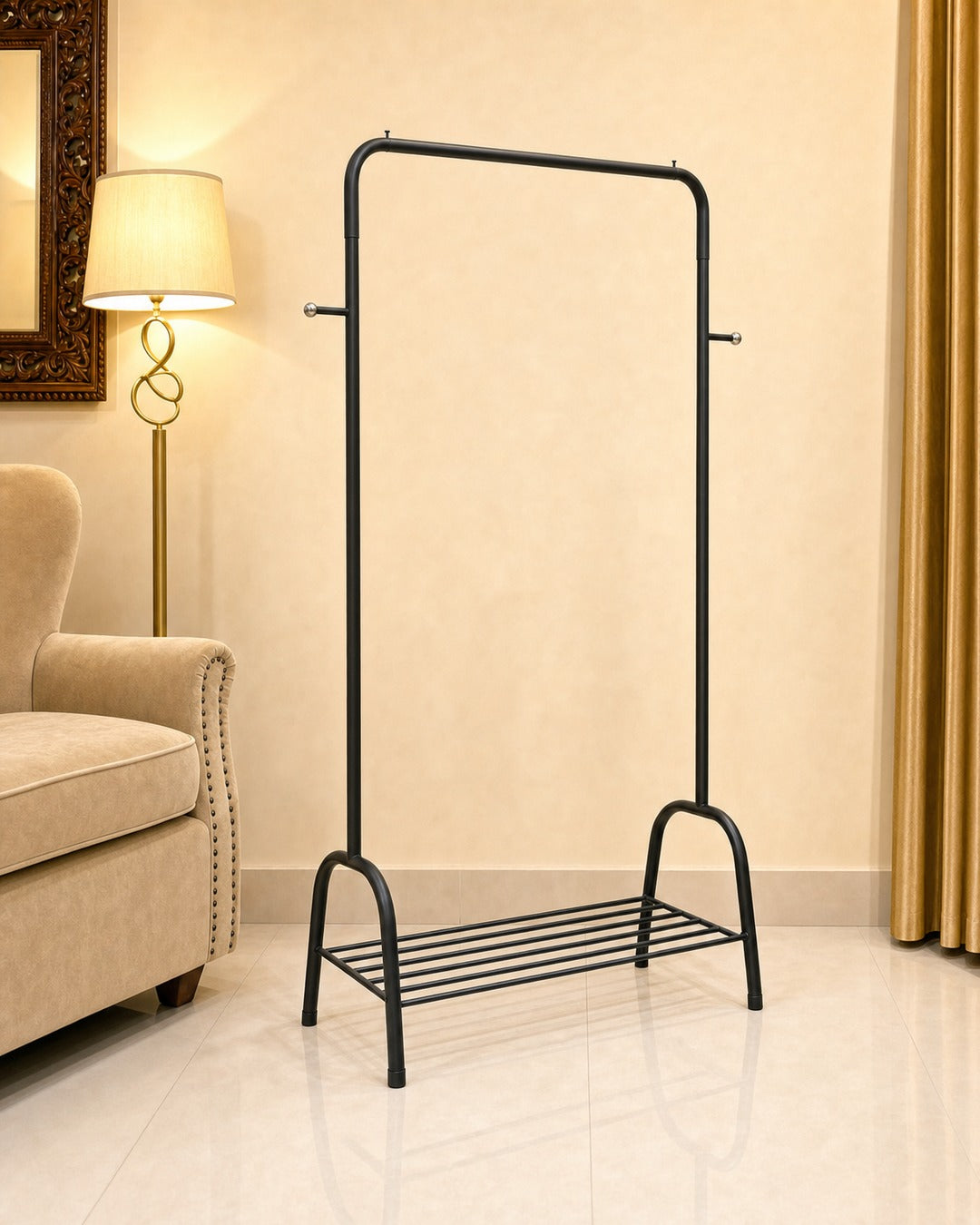 Clothing Stand with 1 Shoe Rack & 2 Bag Holders - three-quarter view from the left, empty, in a living room