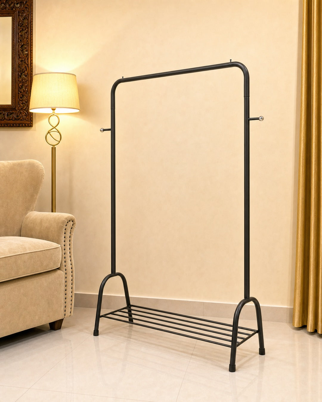 Clothing Stand with 1 Shoe Rack & 2 Bag Holders - three-quarter view from the right, empty, in a living room