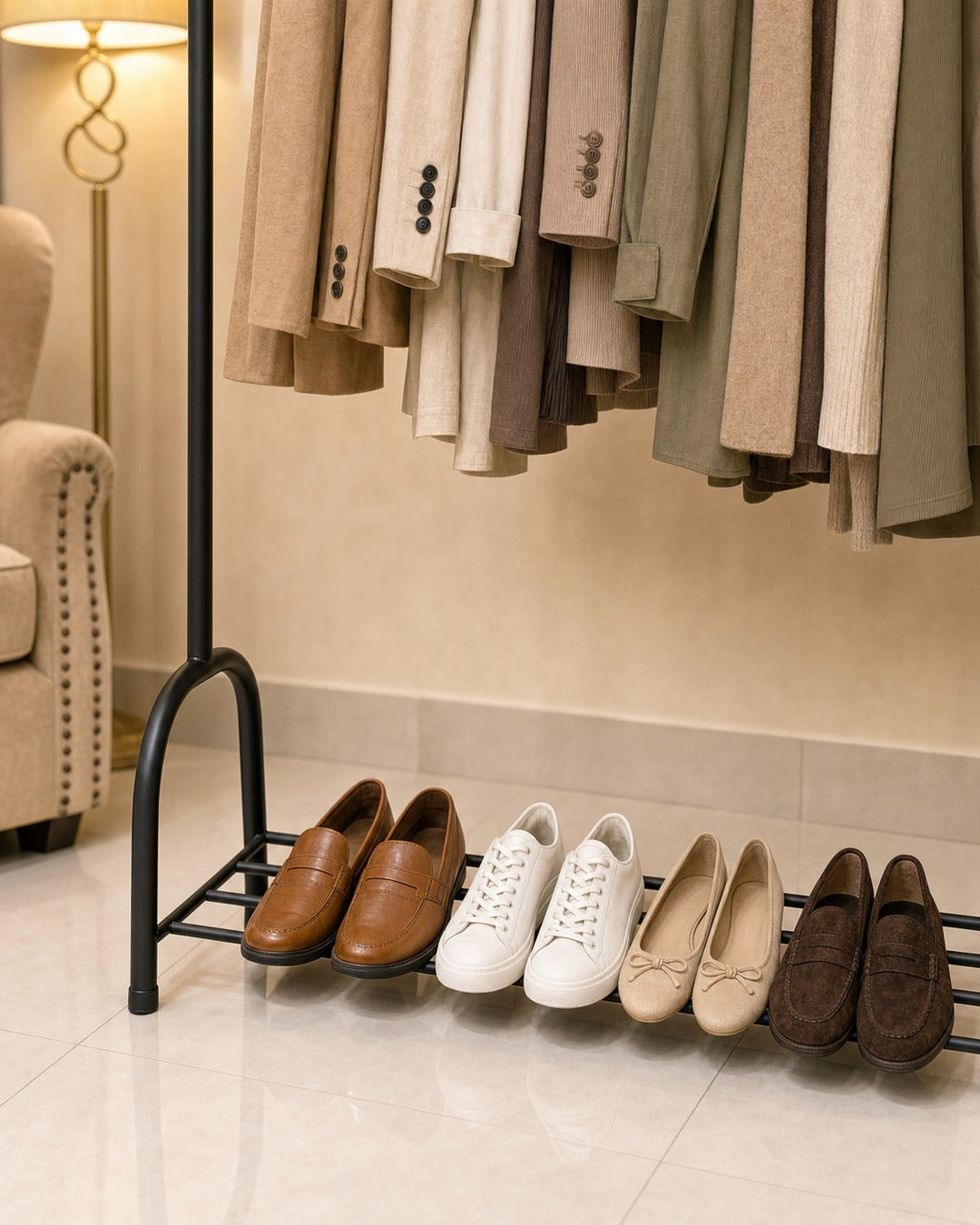 Clothing Stand with 1 Shoe Rack & 2 Bag Holders - close-up of the shoe rack with shoes, in a living room