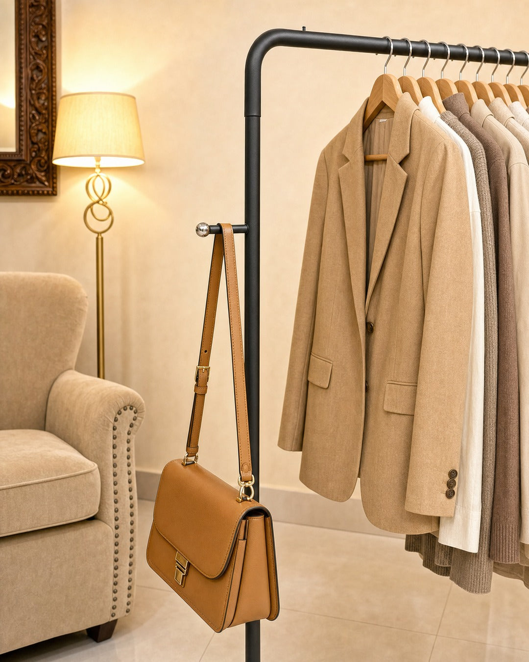 Clothing Stand with 1 Shoe Rack & 2 Bag Holders - close-up of a bag holder with a bag, in a living room