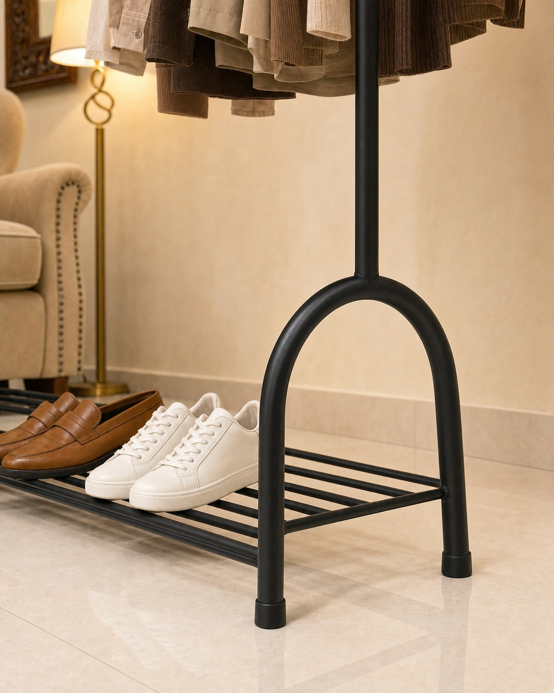 Clothing Stand with 1 Shoe Rack & 2 Bag Holders - close-up of the arched foot and shoe rack, in a living room