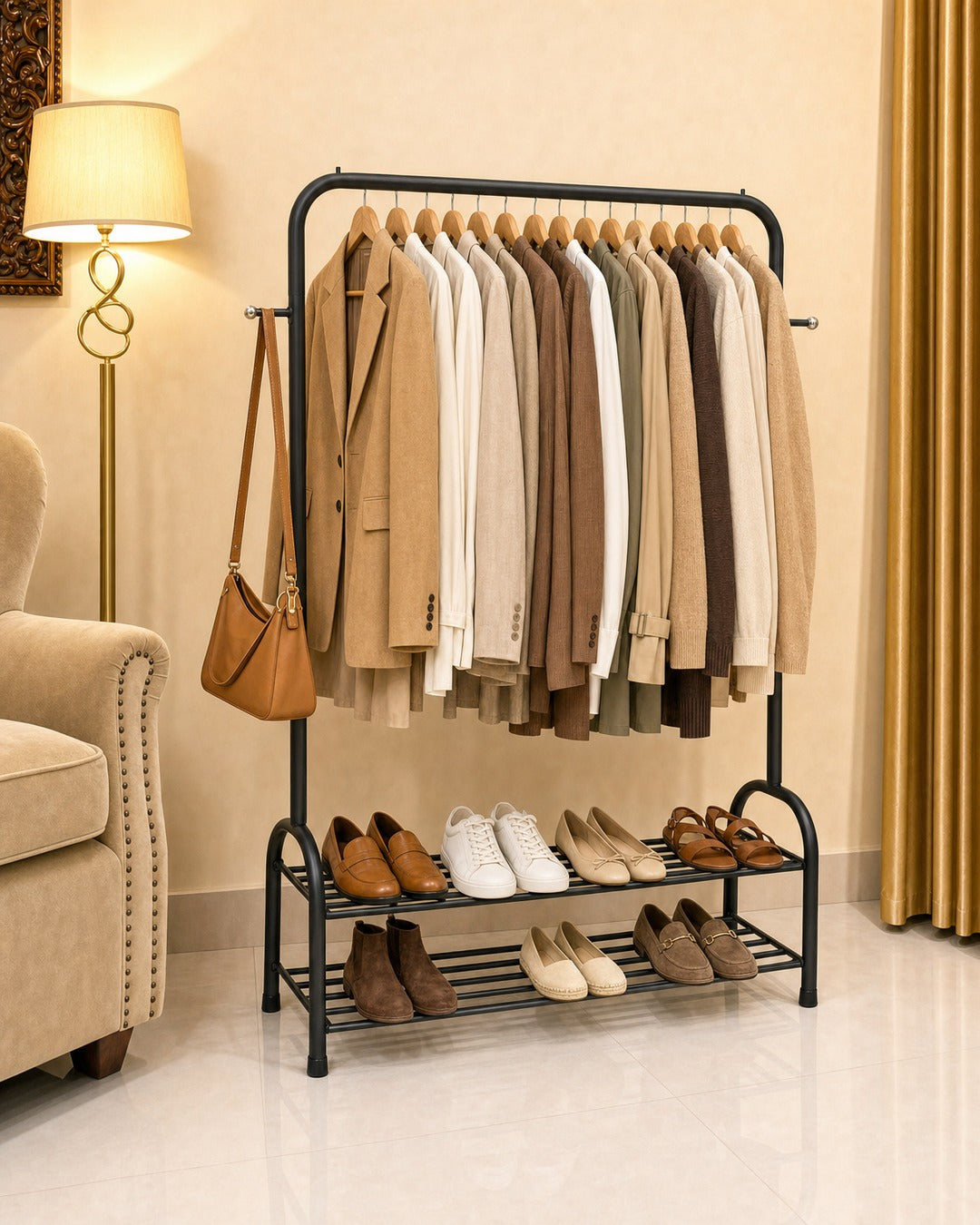 Clothing Stand with 2 Shoe Racks & 2 Bag Holders - three-quarter view from the left with clothes, in a living room