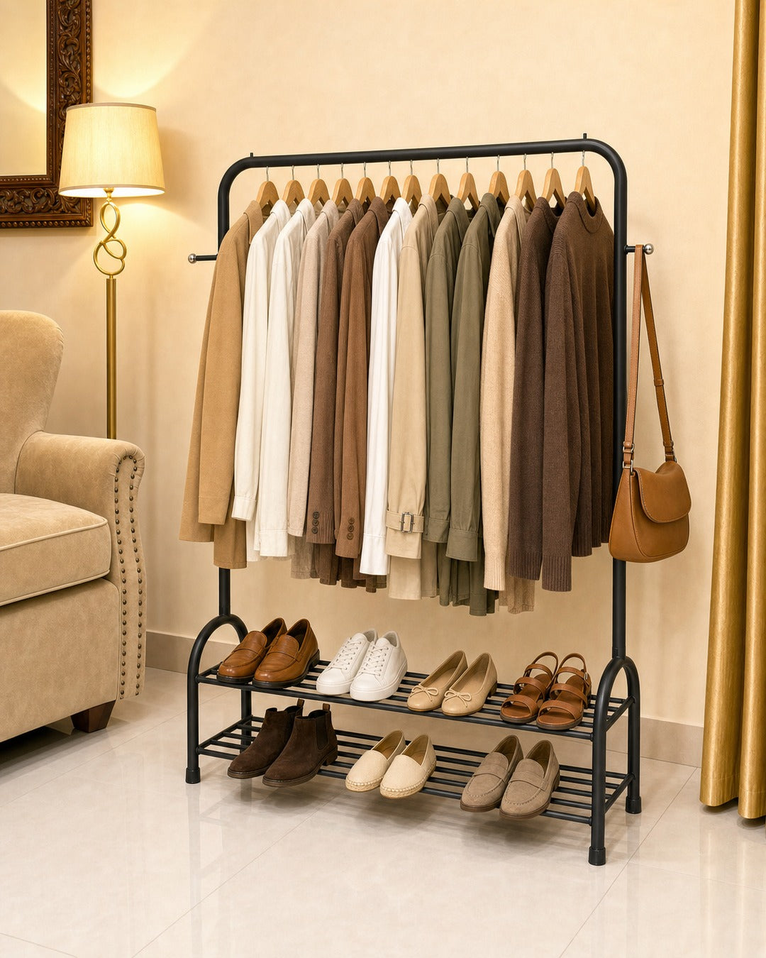 Clothing Stand with 2 Shoe Racks & 2 Bag Holders - three-quarter view from the right with clothes, in a living room