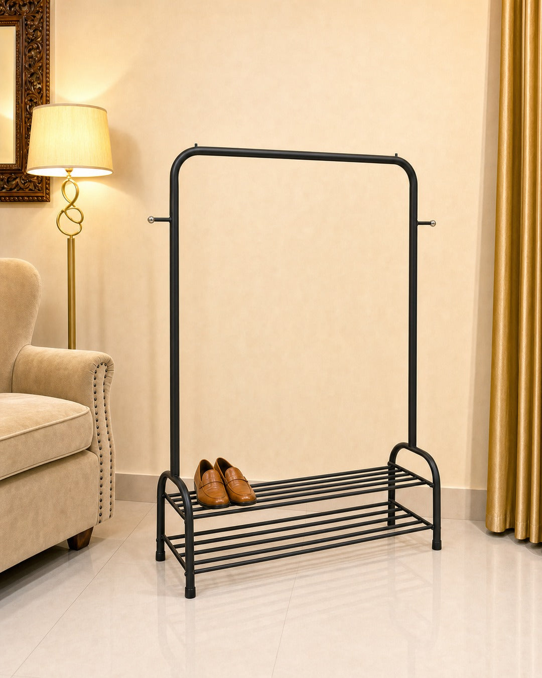 Clothing Stand with 2 Shoe Racks & 2 Bag Holders - three-quarter view from the left, empty, in a living room