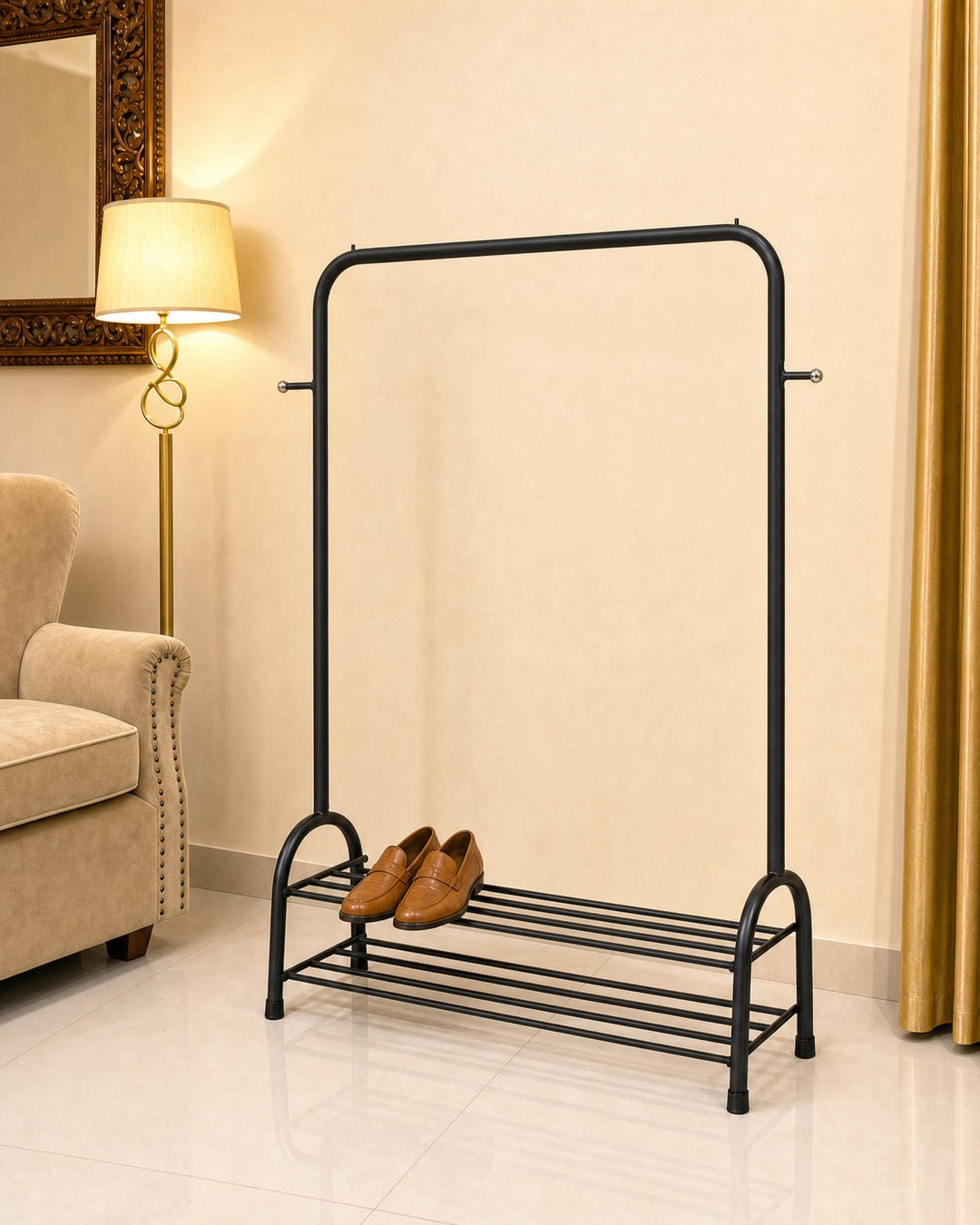Clothing Stand with 2 Shoe Racks & 2 Bag Holders - three-quarter view from the right, empty, in a living room