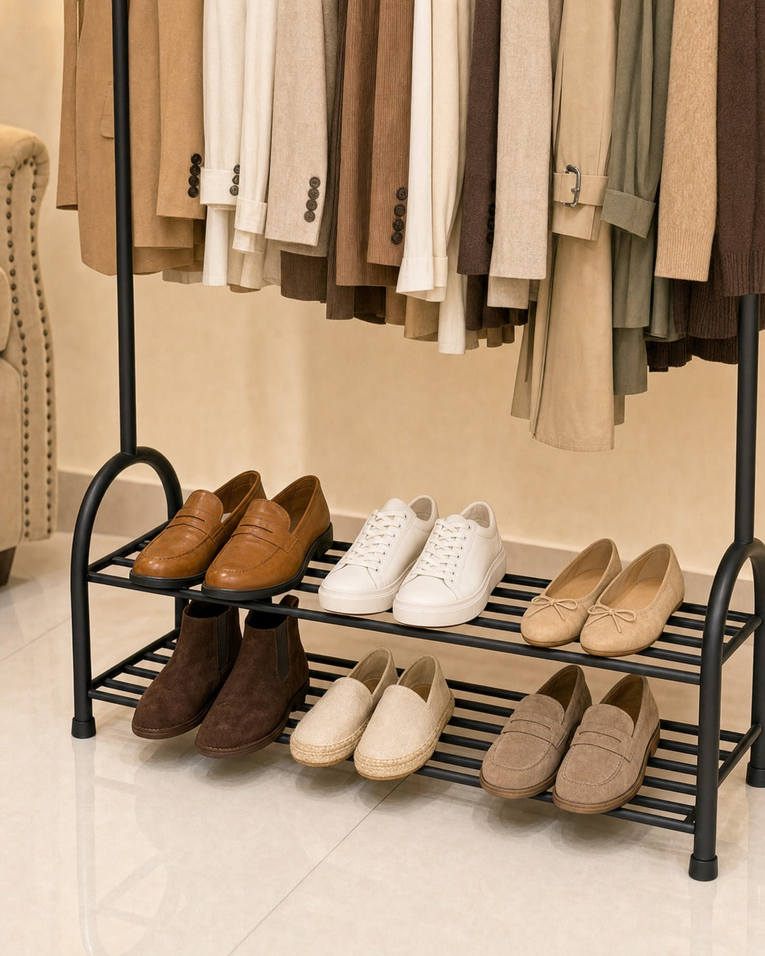 Clothing Stand with 2 Shoe Racks & 2 Bag Holders - close-up of the shoe rack with shoes, in a living room