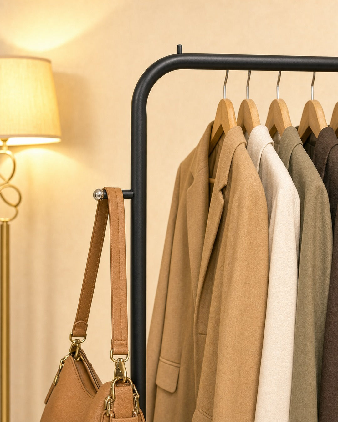 Clothing Stand with 2 Shoe Racks & 2 Bag Holders - close-up of a bag holder with a bag, in a living room