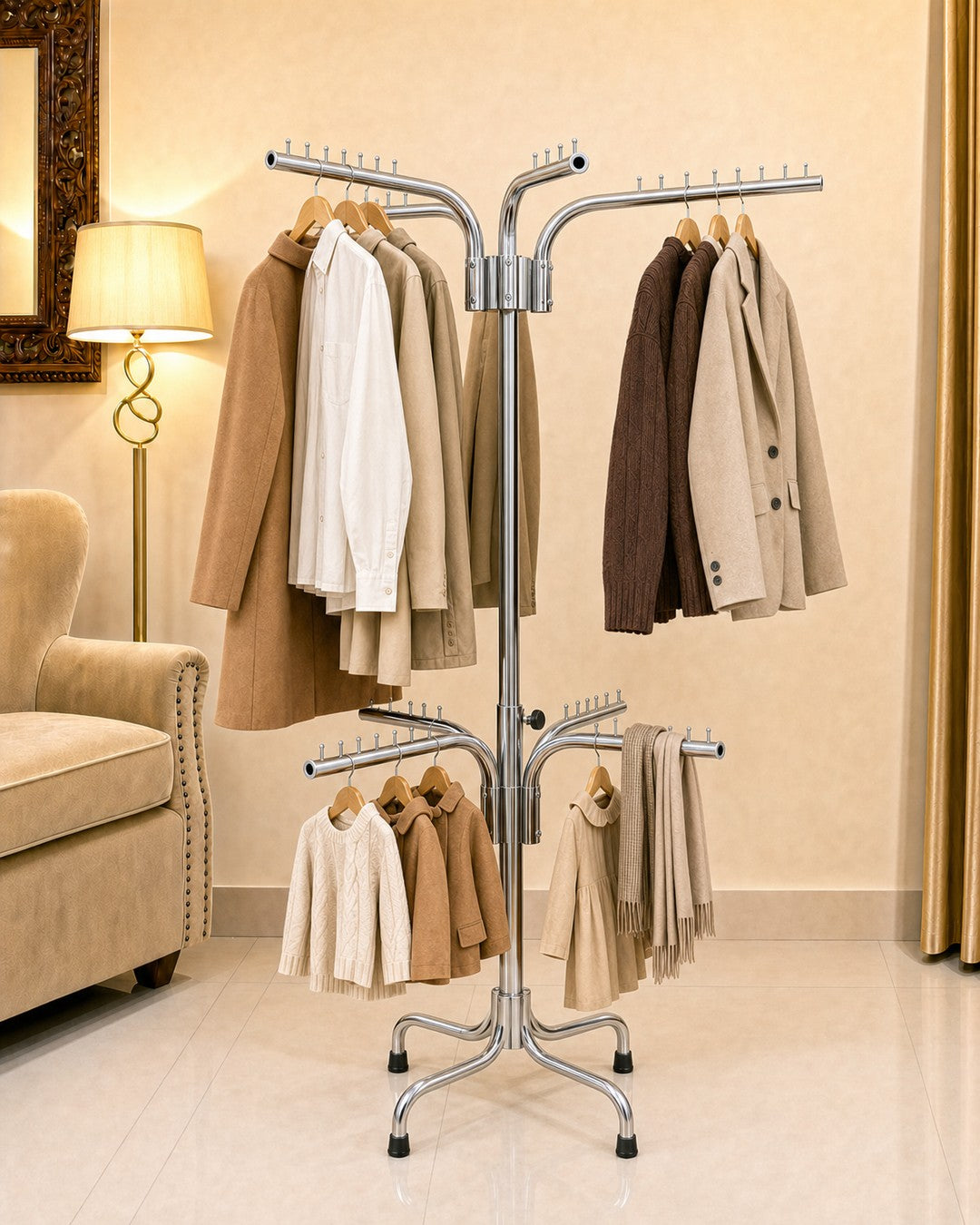 Double Clothing Stand - front view with clothes, in a living room