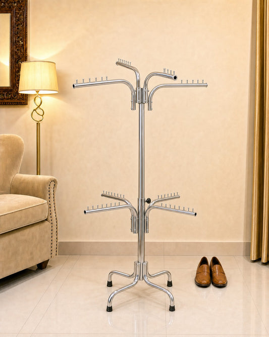 Double Clothing Stand - front view, empty, arms spread, in a living room