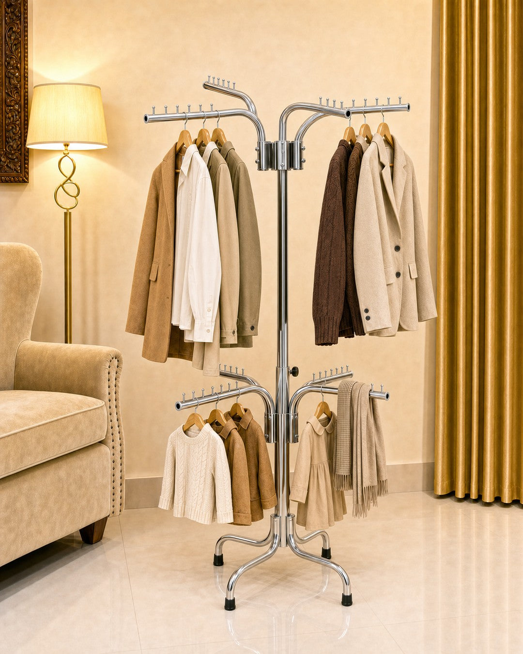 Double Clothing Stand - left angle with clothes