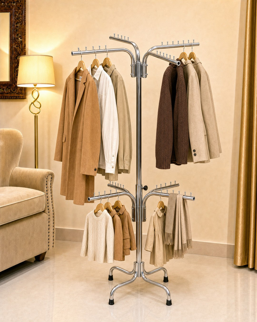 Double Clothing Stand - right angle with clothes