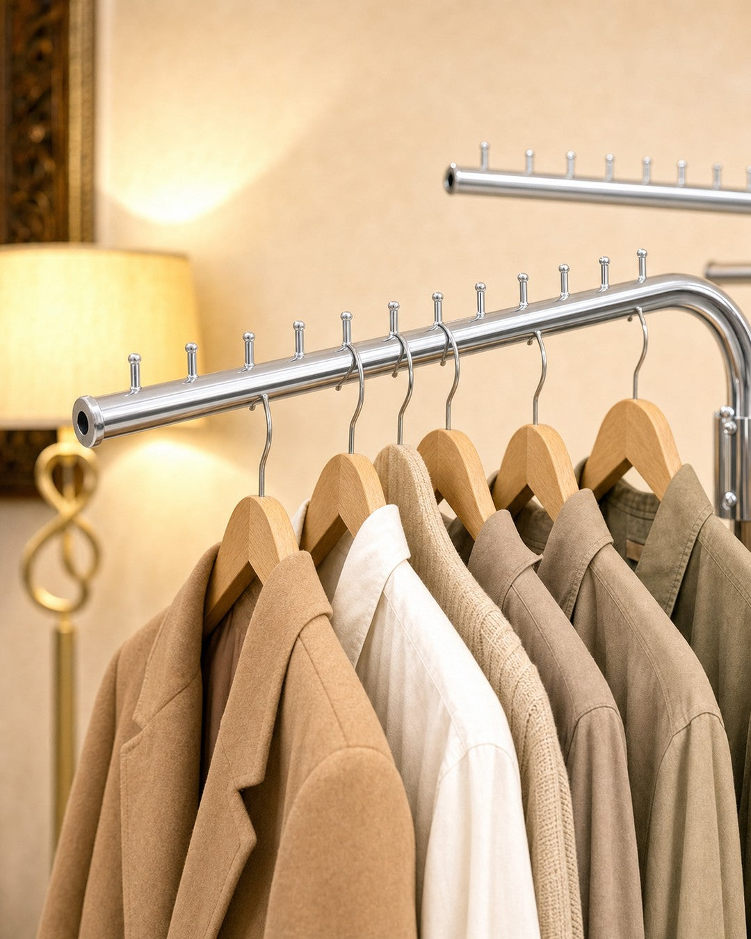 Double Clothing Stand - close-up of a pinned arm with hangers