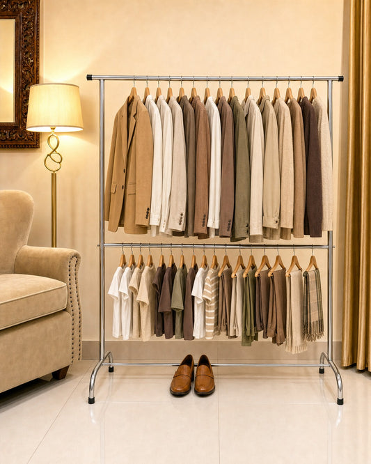 Double Straight Clothing Stand - front view with clothes, in a living room