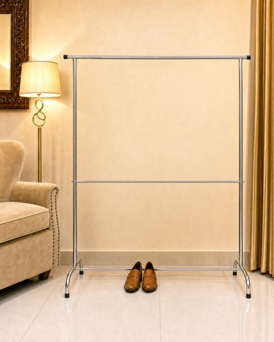 Double Straight Clothing Stand - front view, empty, in a living room