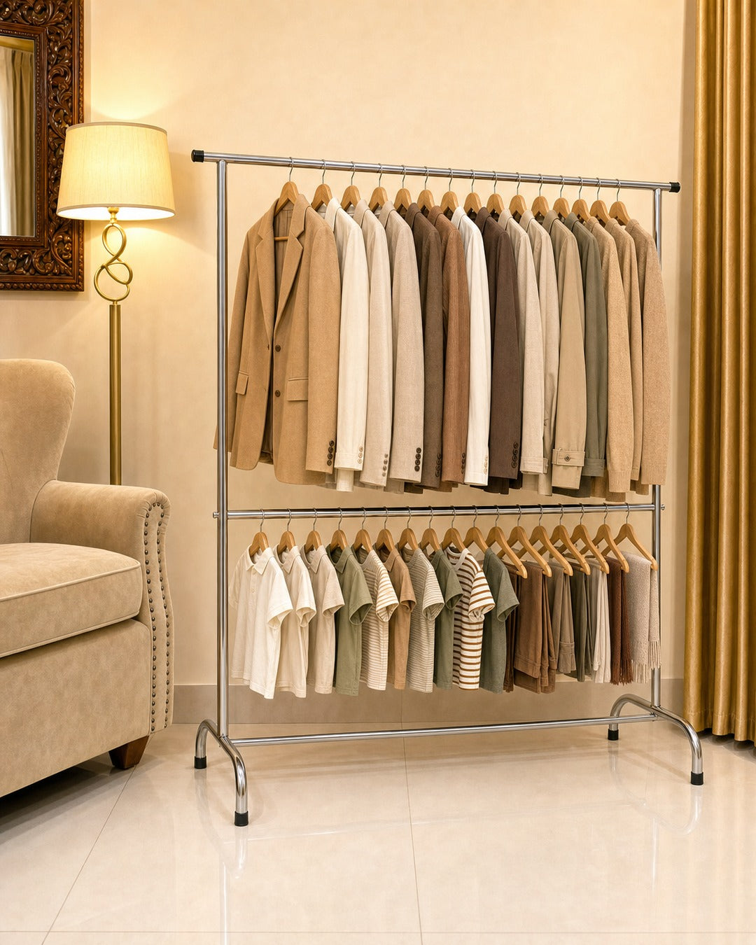 Double Straight Clothing Stand - three-quarter view from the left with clothes, in a living room
