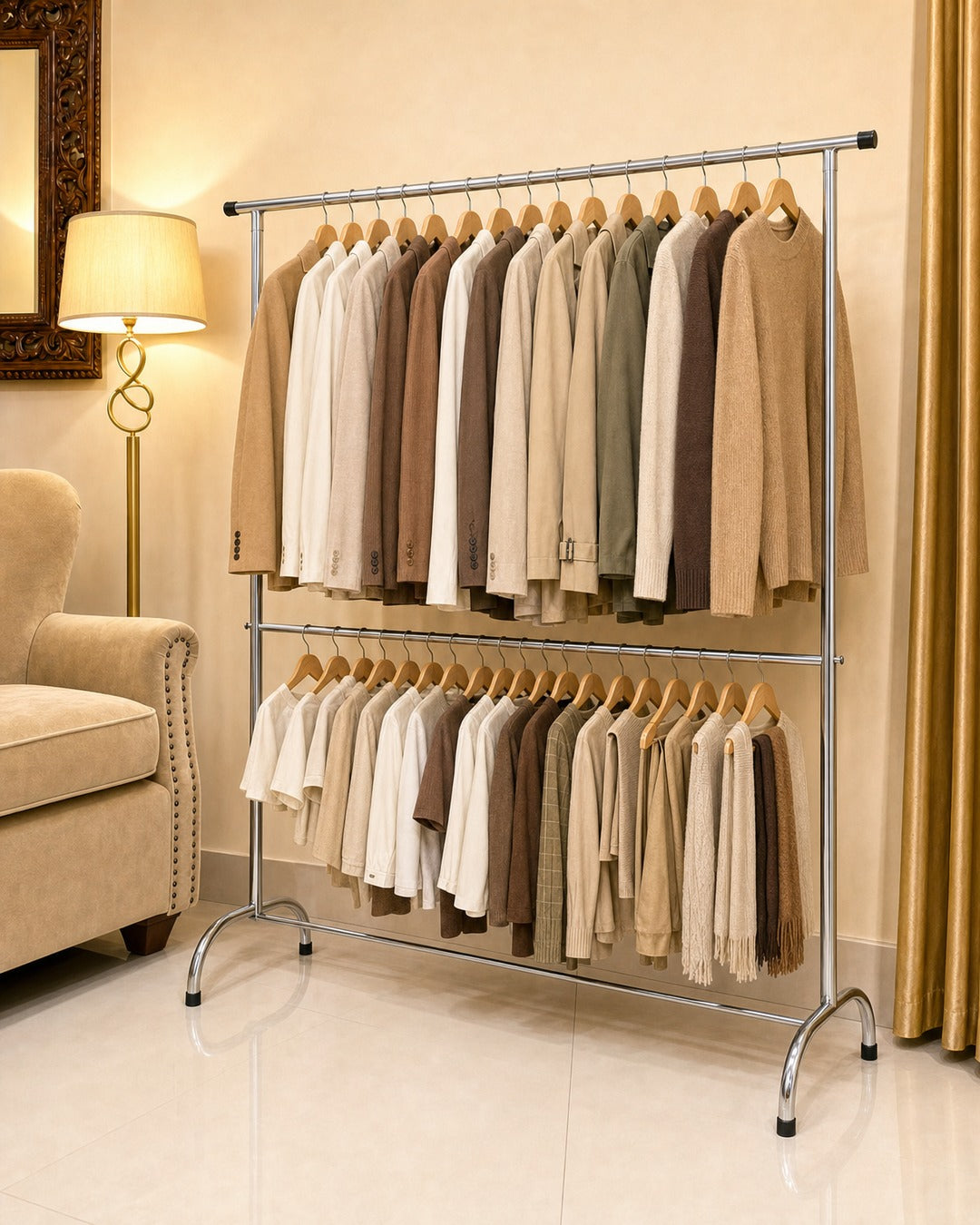 Double Straight Clothing Stand - three-quarter view from the right with clothes, in a living room