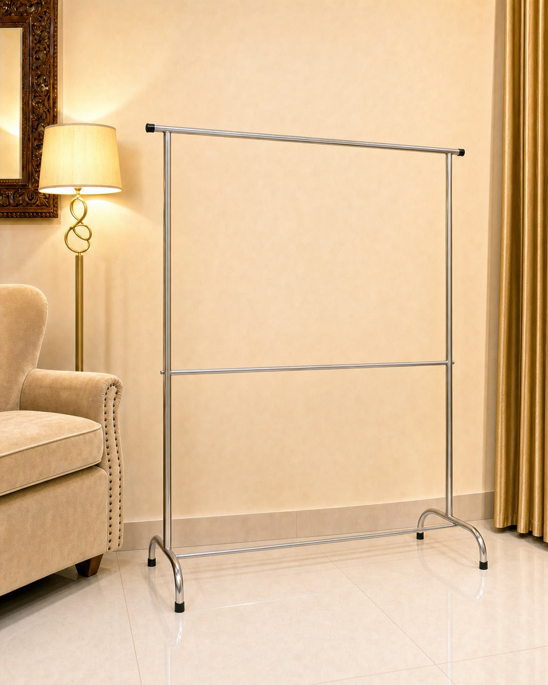 Double Straight Clothing Stand - three-quarter view from the left, empty, in a living room