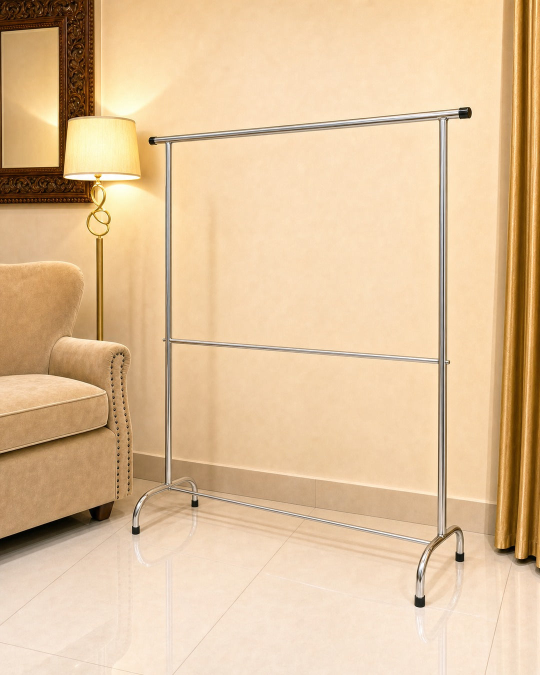 Double Straight Clothing Stand - three-quarter view from the right, empty, in a living room