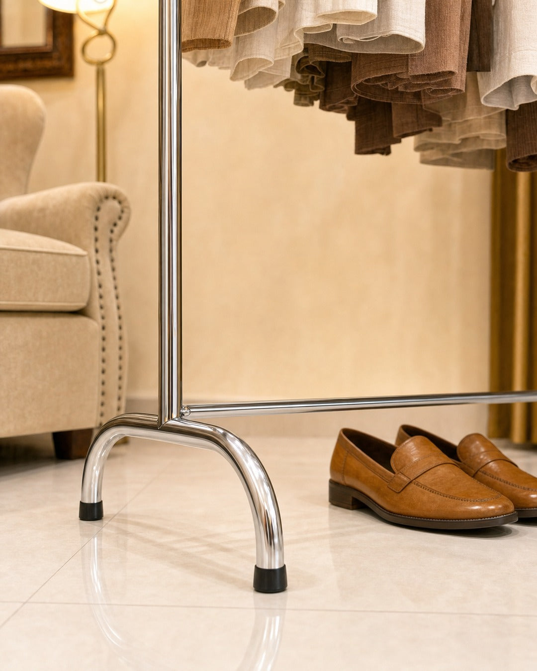 Double Straight Clothing Stand - close-up: foot, in a living room