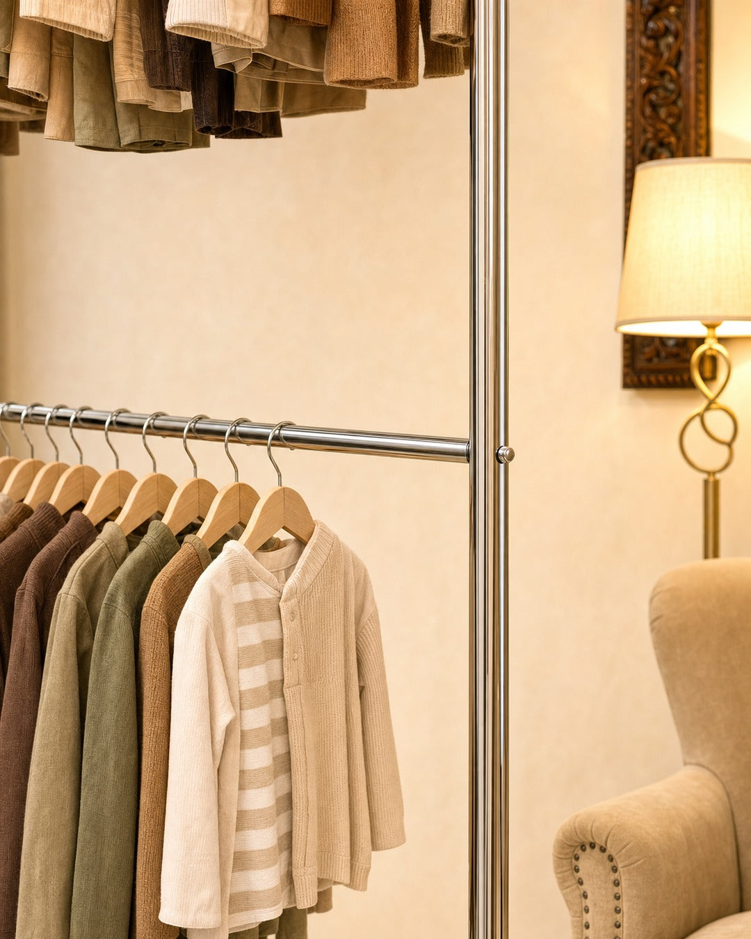Double Straight Clothing Stand - close-up: lower rail joint, in a living room