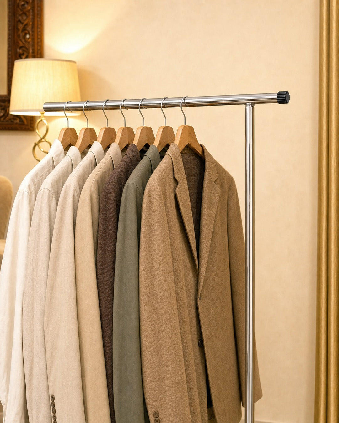 Double Straight Clothing Stand - close-up: end cap, in a living room