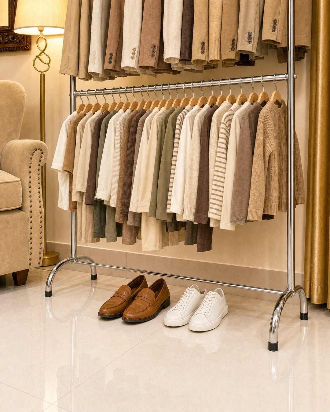 Double Straight Clothing Stand - close-up of the lower rail with shoes, in a living room