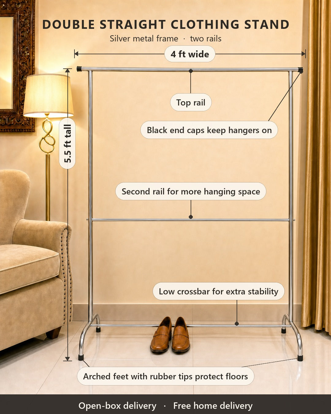 Double Straight Clothing Stand - features and dimensions, in a living room