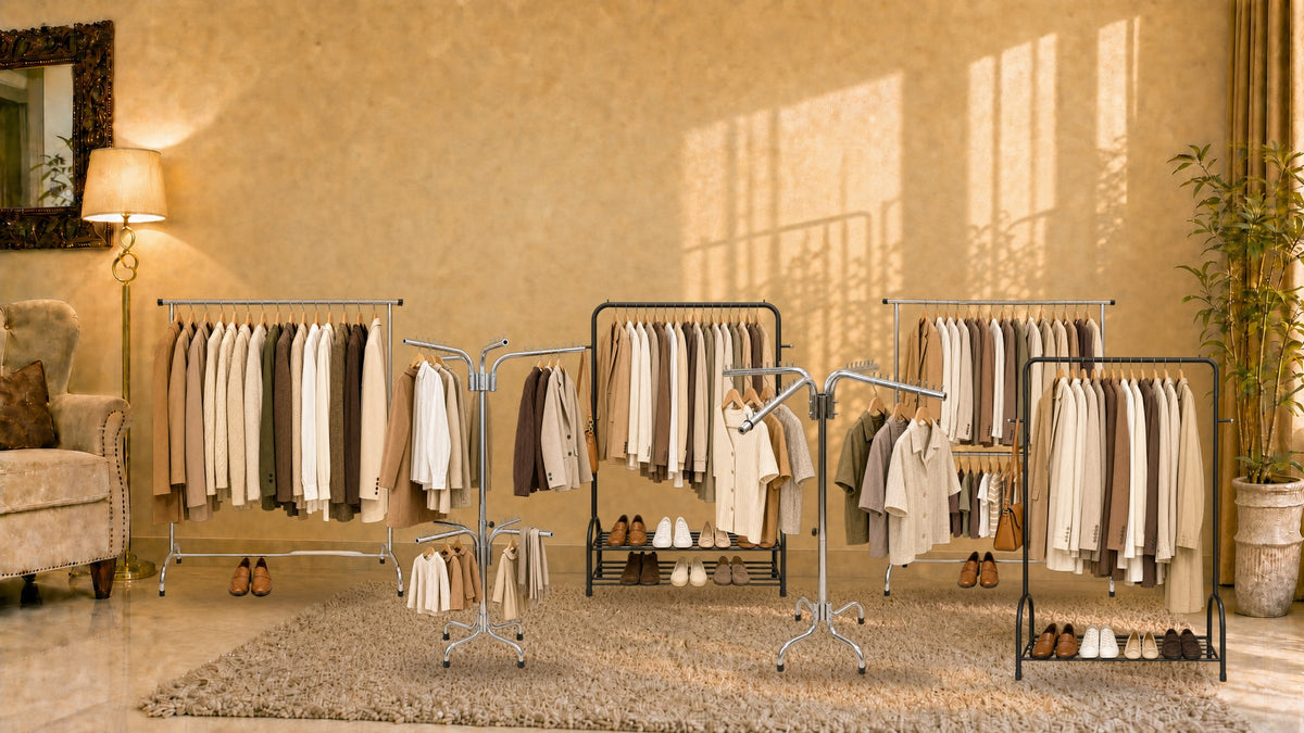 Six Your Market clothing stands in a warm sunlit living room