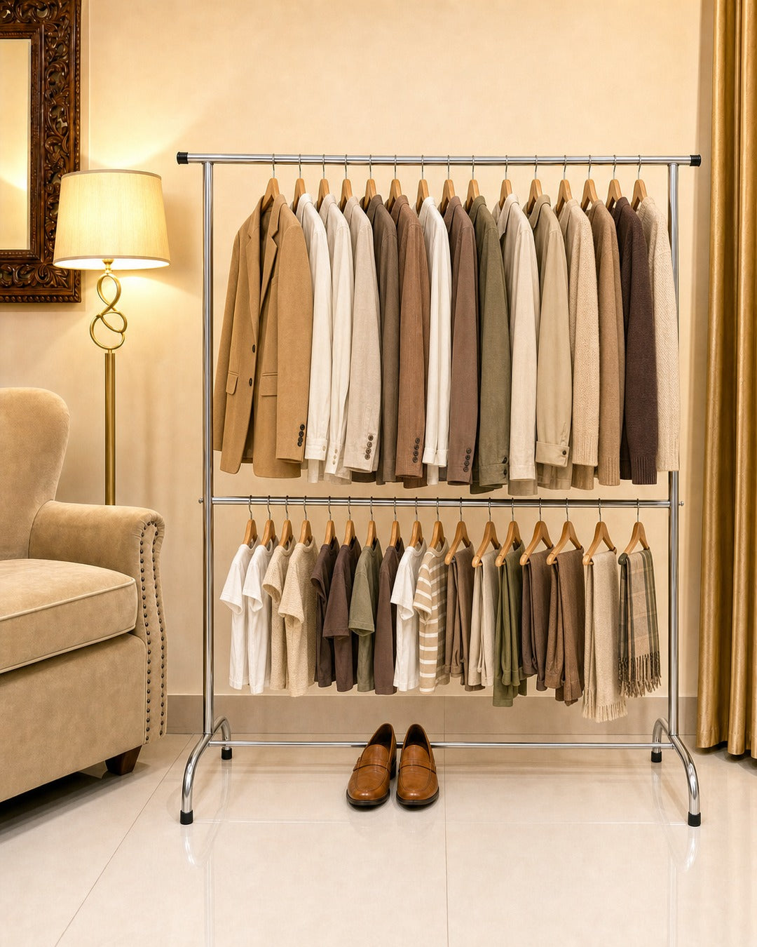 Double Straight Clothing Stand with two rails of clothes in a living room