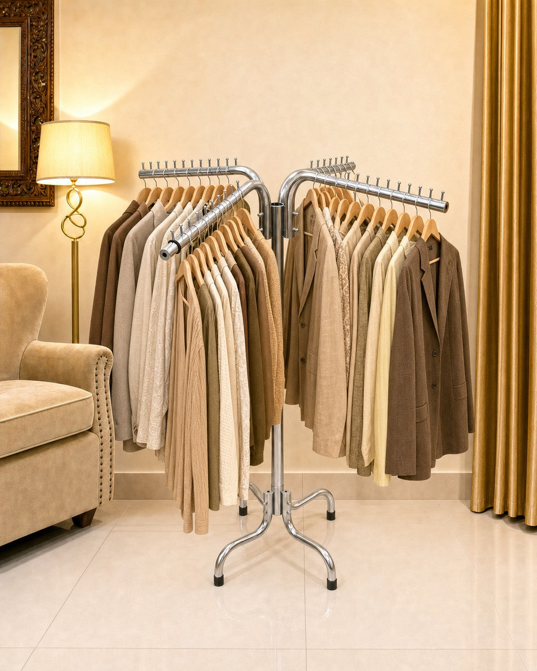 Single Clothing Stand - front view with clothes, in a living room