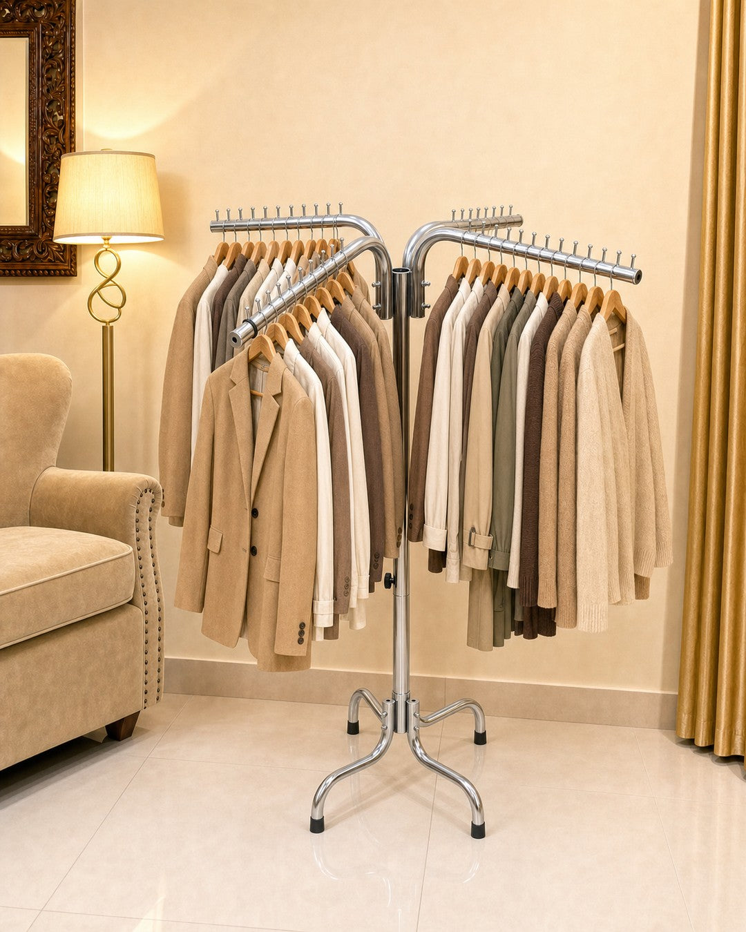 Single Clothing Stand - left angle with clothes