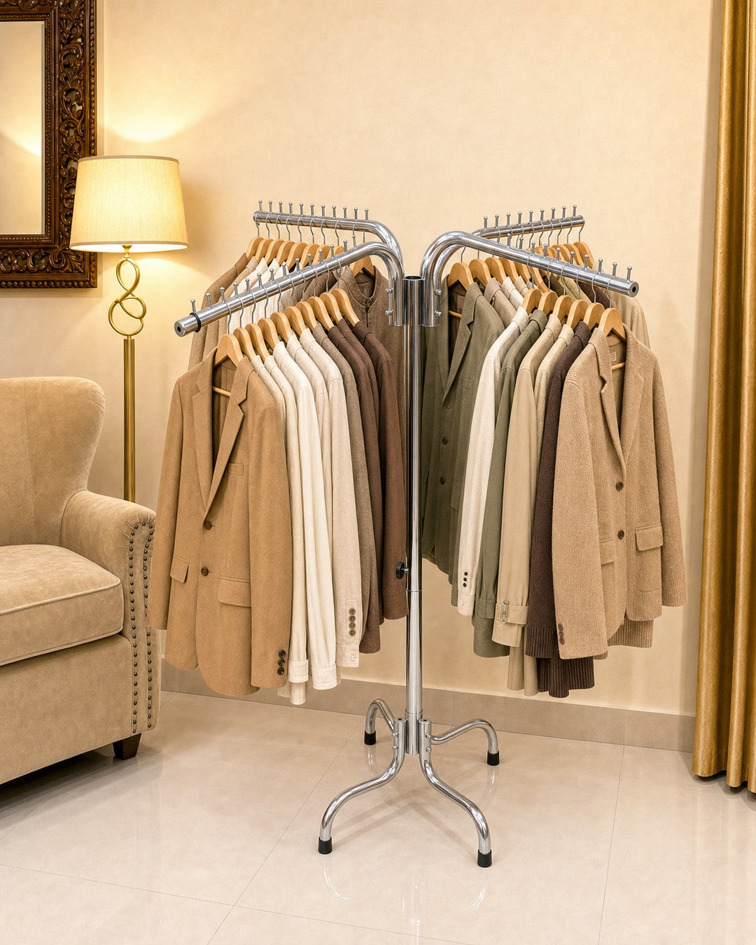 Single Clothing Stand - right angle with clothes
