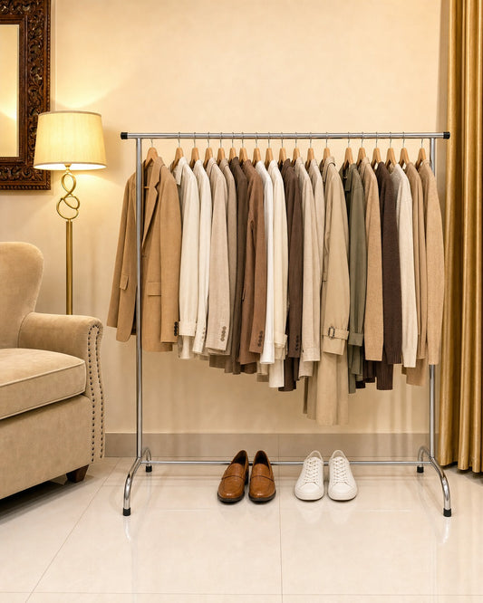Straight Clothing Stand - front view with clothes, in a living room
