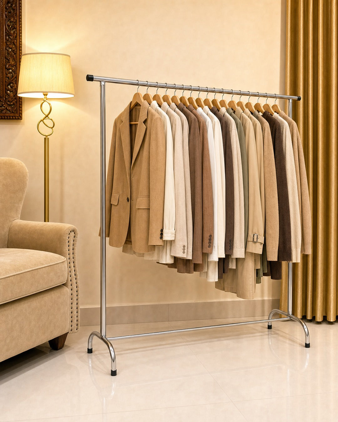 Straight Clothing Stand - three-quarter view from the left with clothes, in a living room