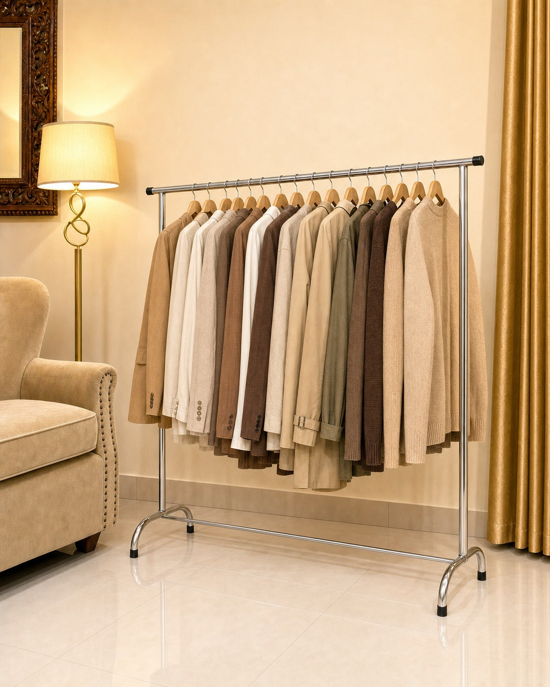 Straight Clothing Stand - three-quarter view from the right with clothes, in a living room