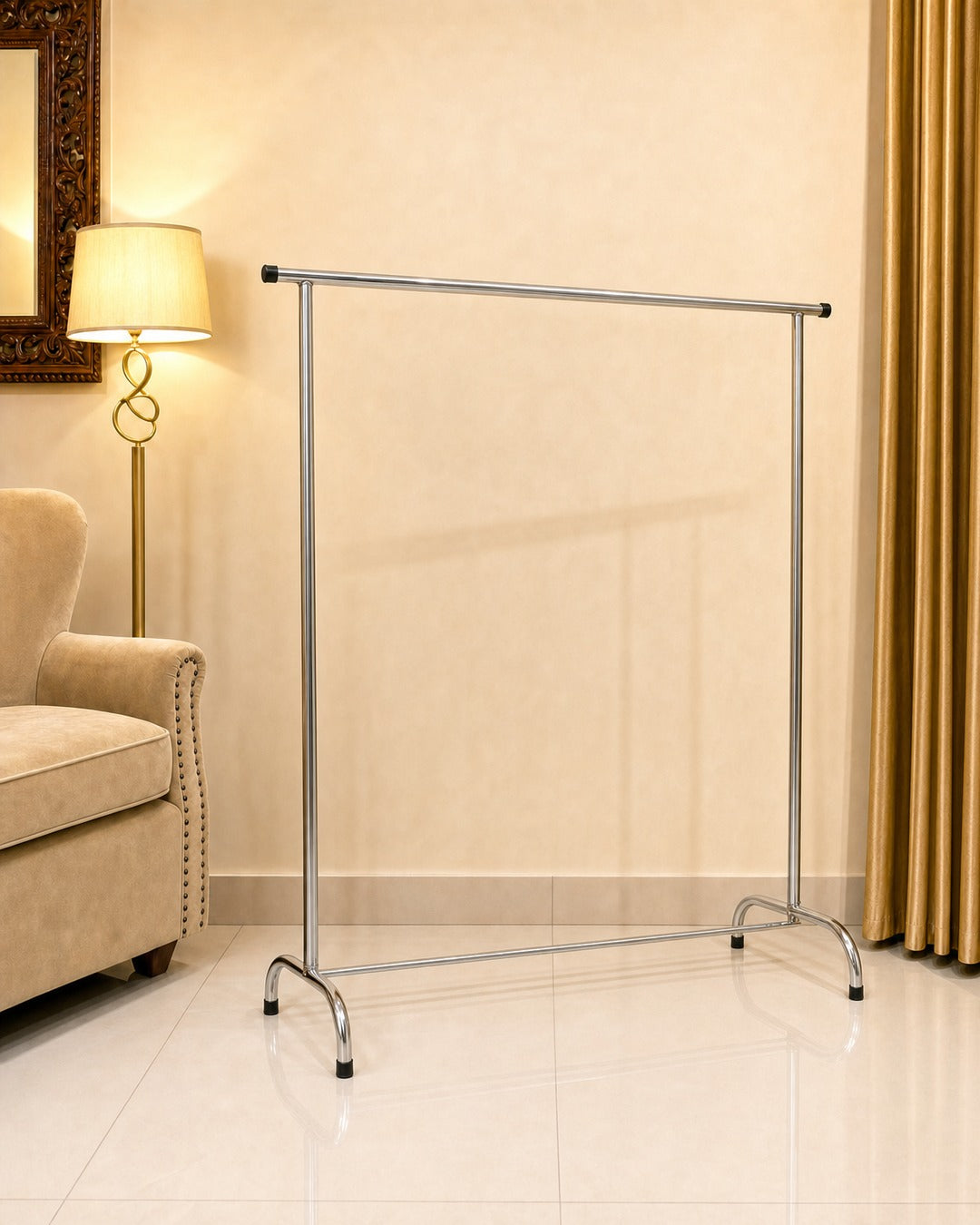 Straight Clothing Stand - three-quarter view from the left, empty, in a living room