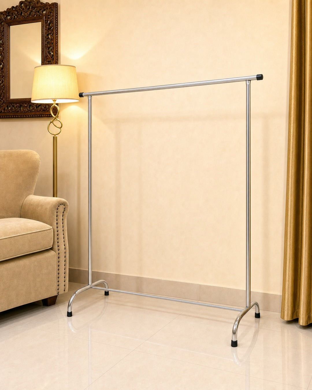 Straight Clothing Stand - three-quarter view from the right, empty, in a living room
