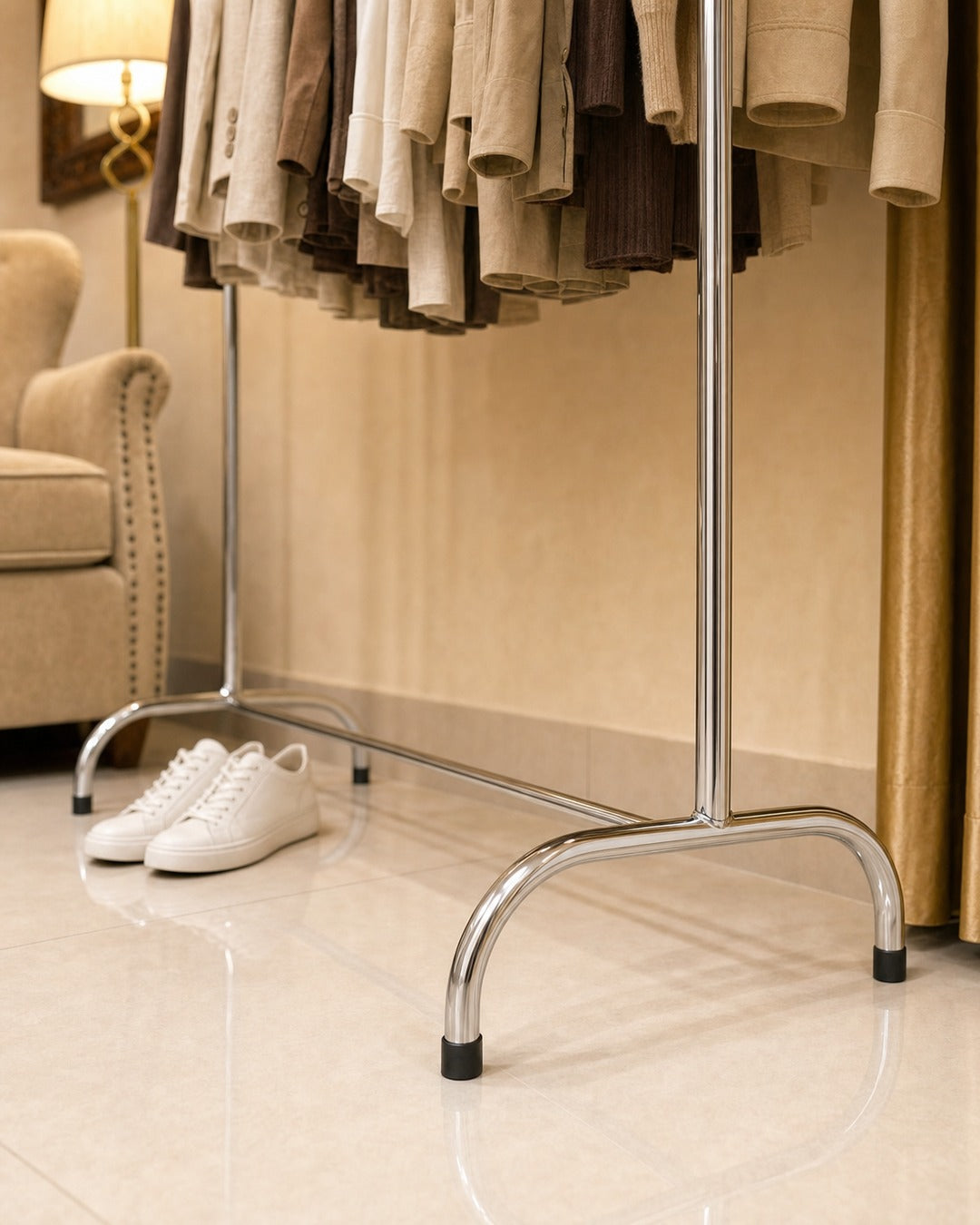 Straight Clothing Stand - close-up: crossbar, in a living room