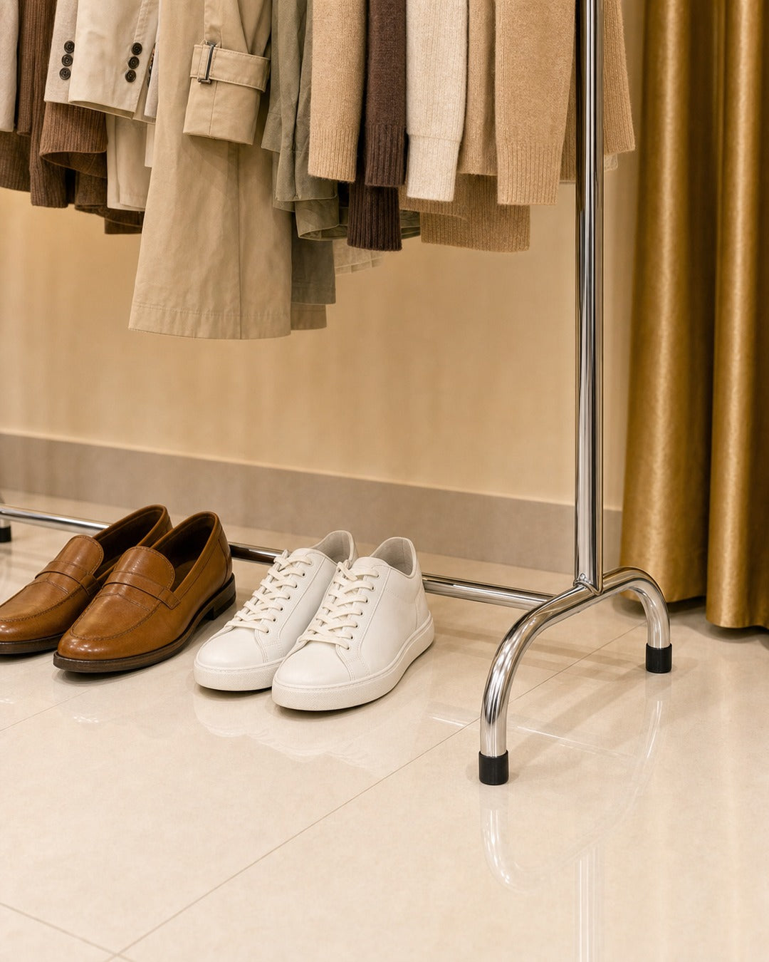 Straight Clothing Stand - close-up of the foot with shoes, in a living room